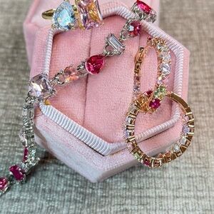 Elegant Pink Tennis Bracelet and Hoop Earrings Jewelry Set